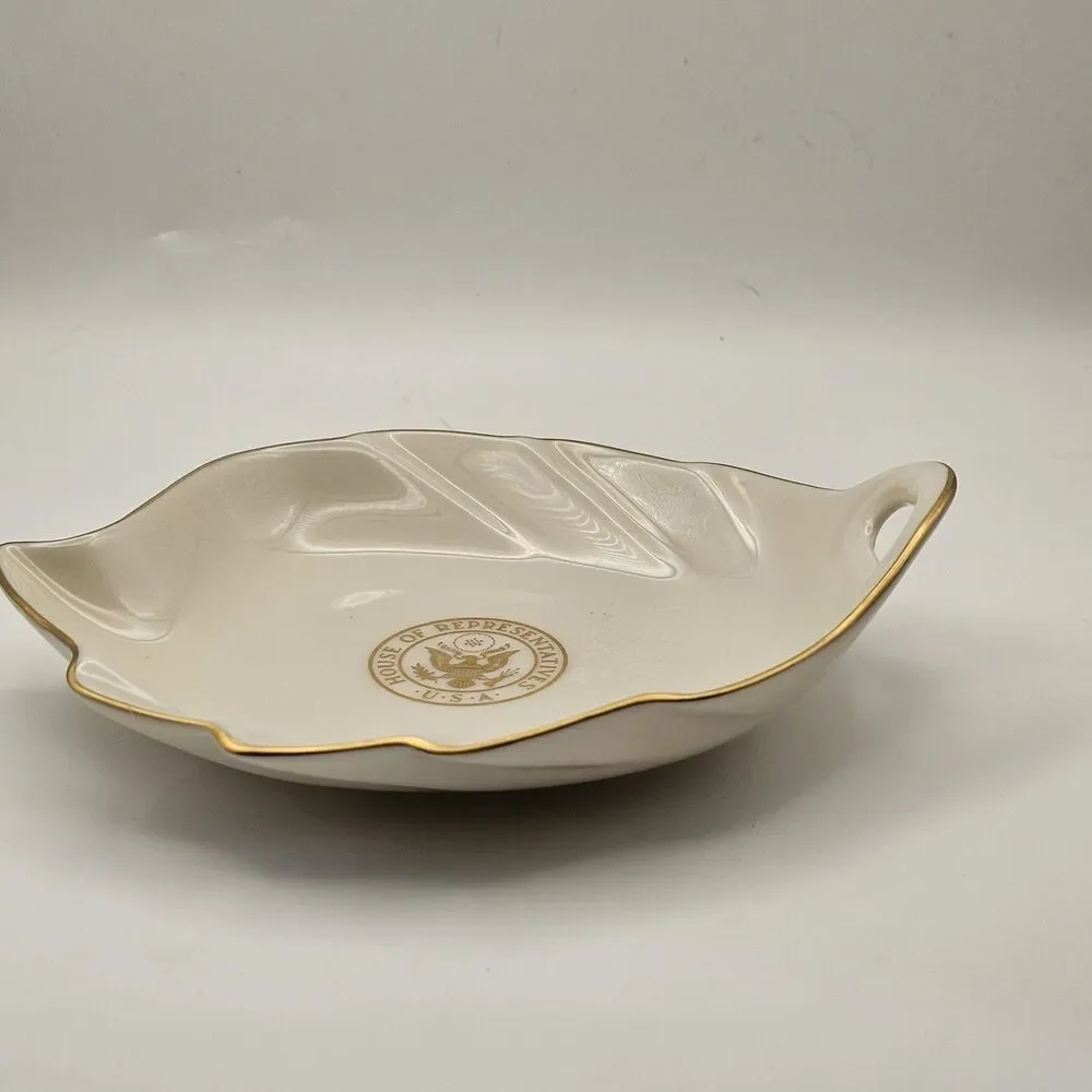 Lenox US House of Representatives Pickard China, Leaf Shape Candy Dish Gold Trim
